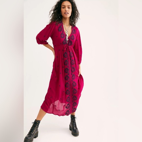Free People Boho Floral Embroidered Fable Midi‎ Dress Pink Size S - Picture 1 of 10
